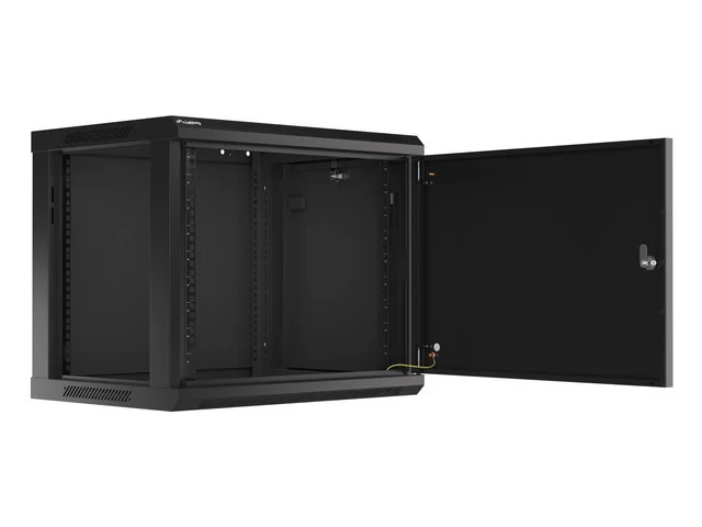 19" RACKOVÁ SKŘÍŇ PRO MONTÁŽ NA STĚNU 9U/600X450 PRO VLASTNÍ MONTÁŽ S KOVOVÝMI DVEŘMI ČERNÁ  (PLOCHÉ BALENÍ)