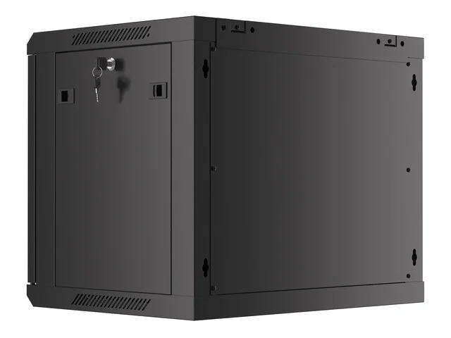 19" RACKOVÁ SKŘÍŇ PRO MONTÁŽ NA STĚNU 9U/600X450 PRO VLASTNÍ MONTÁŽ S KOVOVÝMI DVEŘMI ČERNÁ  (PLOCHÉ BALENÍ)