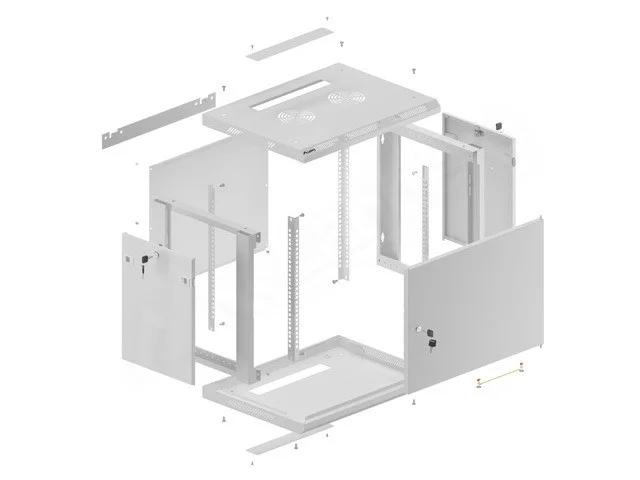 RACKOVÁ SKŘÍŇ 19" PRO MONTÁŽ NA STĚNU 9U/600X450 PRO VLASTNÍ MONTÁŽ S KOVOVÝMI DVEŘMI ŠEDÁ  (PLOCHÉ BALENÍ)