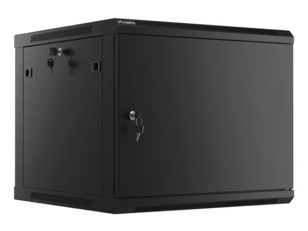 RACKOVÁ SKŘÍŇ 19" PRO MONTÁŽ NA STĚNU 9U/600X600 PRO VLASTNÍ MONTÁŽ S KOVOVÝMI DVEŘMI ČERNÁ  (PLOCHÉ BALENÍ)