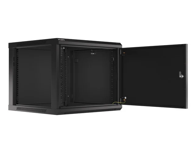 RACKOVÁ SKŘÍŇ 19" PRO MONTÁŽ NA STĚNU 9U/600X600 PRO VLASTNÍ MONTÁŽ S KOVOVÝMI DVEŘMI ČERNÁ  (PLOCHÉ BALENÍ)
