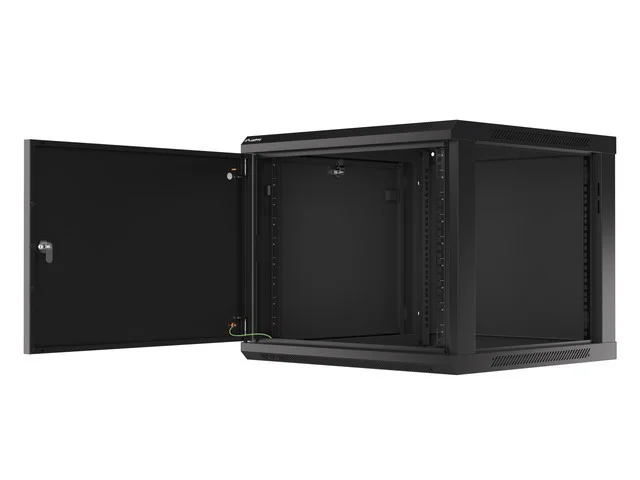 RACKOVÁ SKŘÍŇ 19" PRO MONTÁŽ NA STĚNU 9U/600X600 PRO VLASTNÍ MONTÁŽ S KOVOVÝMI DVEŘMI ČERNÁ  (PLOCHÉ BALENÍ)