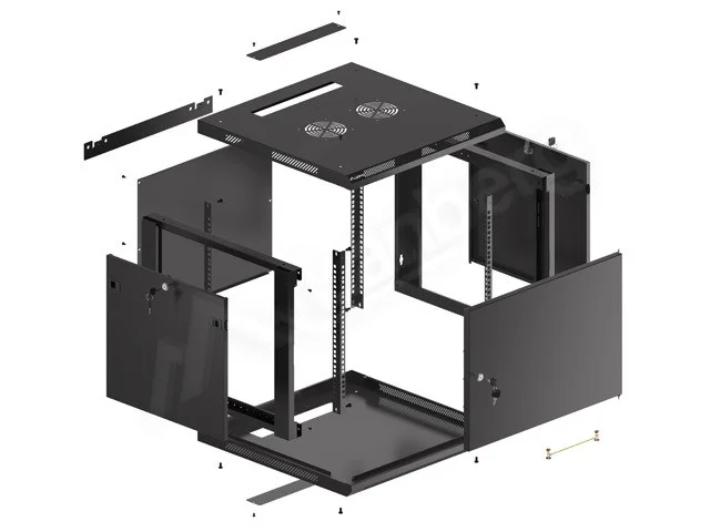 RACKOVÁ SKŘÍŇ 19" PRO MONTÁŽ NA STĚNU 9U/600X600 PRO VLASTNÍ MONTÁŽ S KOVOVÝMI DVEŘMI ČERNÁ  (PLOCHÉ BALENÍ)