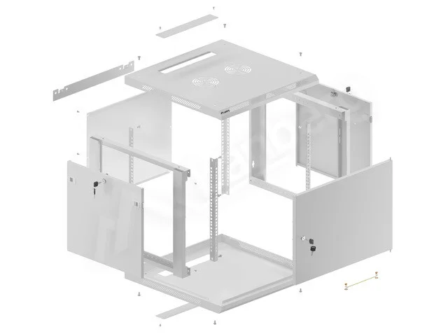 RACKOVÁ SKŘÍŇ 19" PRO MONTÁŽ NA STĚNU 9U/600X600 PRO VLASTNÍ MONTÁŽ S KOVOVÝMI DVEŘMI ŠEDÁ  (PLOCHÉ BALENÍ)