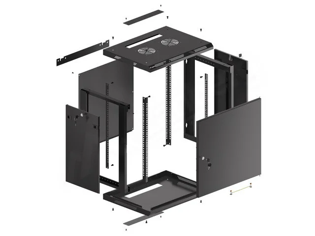 RACKOVÁ SKŘÍŇ 19" NÁSTĚNNÁ 12U/600X450 PRO VLASTNÍ MONTÁŽ S KOVOVÝMI DVEŘMI ČERNÁ  (PLOCHÉ BALENÍ)
