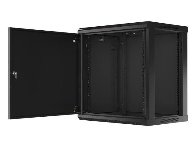 RACKOVÁ SKŘÍŇ 19" NÁSTĚNNÁ 12U/600X450 PRO VLASTNÍ MONTÁŽ S KOVOVÝMI DVEŘMI ČERNÁ  (PLOCHÉ BALENÍ)
