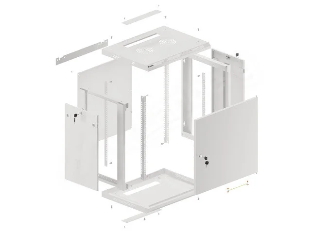 RACKOVÁ SKŘÍŇ 19" NÁSTĚNNÁ 12U/600X450 PRO VLASTNÍ MONTÁŽ S KOVOVÝMI DVEŘMI ŠEDÁ  (PLOCHÉ BALENÍ)
