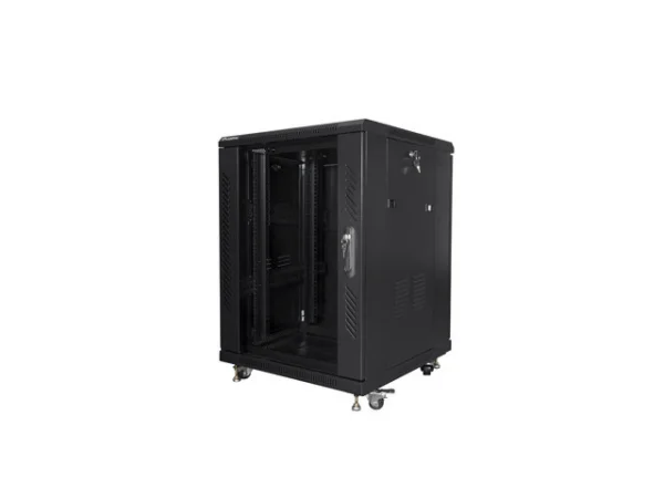 RACKOVÁ SKŘÍŇ 19" VOLNĚ STOJÍCÍ 15U/600X600 S PROSKLENÝMI DVEŘMI ČERNÁ  (SMONTOVANÁ)