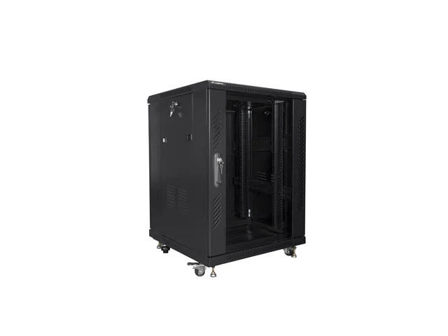 RACKOVÁ SKŘÍŇ 19" VOLNĚ STOJÍCÍ 15U/600X600 S PROSKLENÝMI DVEŘMI ČERNÁ  (SMONTOVANÁ)