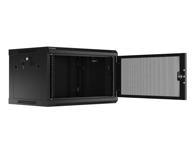 19" RACKOVÁ SKŘÍŇ PRO MONTÁŽ NA STĚNU 6U/600X450 S PERFOROVANÝMI DVEŘMI ČERNÁ  (PLOCHÉ BALENÍ)