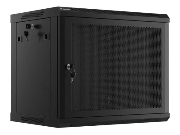 19" RACKOVÁ SKŘÍŇ PRO MONTÁŽ NA STĚNU 9U/600X450 S PERFOROVANÝMI DVEŘMI ČERNÁ  (PLOCHÉ BALENÍ)