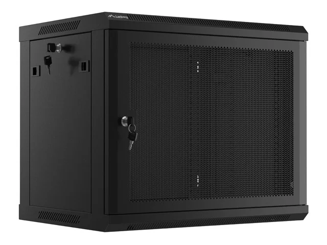 19" RACKOVÁ SKŘÍŇ PRO MONTÁŽ NA STĚNU 9U/600X450 S PERFOROVANÝMI DVEŘMI ČERNÁ  (PLOCHÉ BALENÍ)