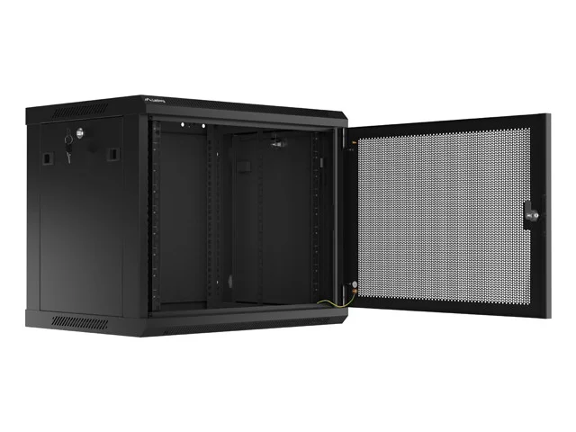 19" RACKOVÁ SKŘÍŇ PRO MONTÁŽ NA STĚNU 9U/600X450 S PERFOROVANÝMI DVEŘMI ČERNÁ  (PLOCHÉ BALENÍ)