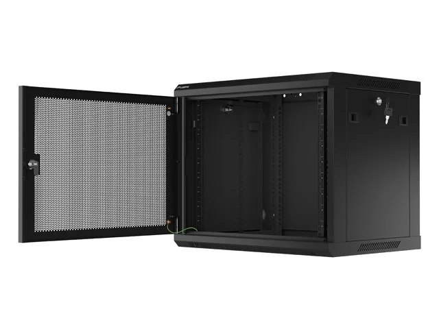 19" RACKOVÁ SKŘÍŇ PRO MONTÁŽ NA STĚNU 9U/600X450 S PERFOROVANÝMI DVEŘMI ČERNÁ  (PLOCHÉ BALENÍ)