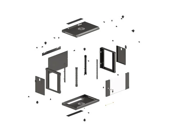 19" RACKOVÁ SKŘÍŇ PRO MONTÁŽ NA STĚNU 9U/540X350 (FLAT PACK) S PROSKLENÝMI DVEŘMI ČERNÁ