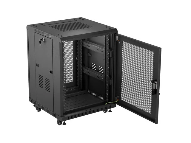 RACKOVÁ SKŘÍŇ 19" VOLNĚ STOJÍCÍ 15U/600X600 (FLAT PACK) S DVÍŘKY ZE SÍŤOVINY ČERNÁ