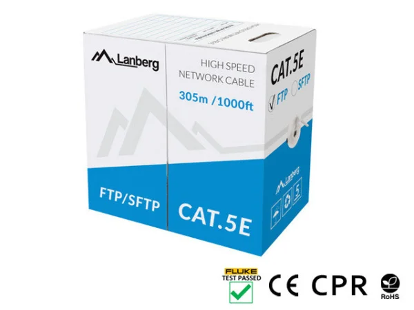 LAN KABEL CAT.5E FTP 305M PEVNÝ CU ŠEDÝ CPR