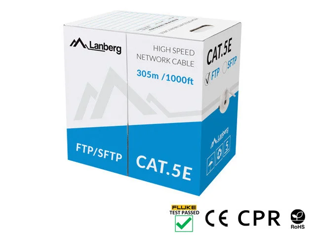 LAN KABEL CAT.5E FTP 305M PEVNÝ CU ŠEDÝ CPR