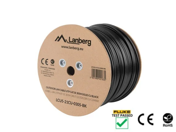 LAN KABEL CAT.5E UTP 305M PEVNÝ VENKOVNÍ CU ČERNÝ