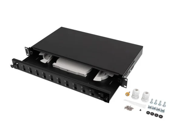 19" 1U OPTICKÝ PATCH PANEL  12XSC DUPLEX / 12XLC QUAD ČERNÝ + PŘÍSLUŠENSTVÍ