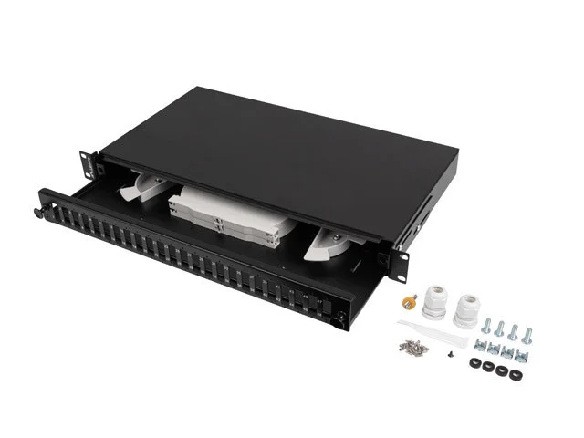 19" 1U OPTICKÝ PATCH PANEL  24XSC DUPLEX / 24XLC QUAD ČERNÝ + PŘÍSLUŠENSTVÍ